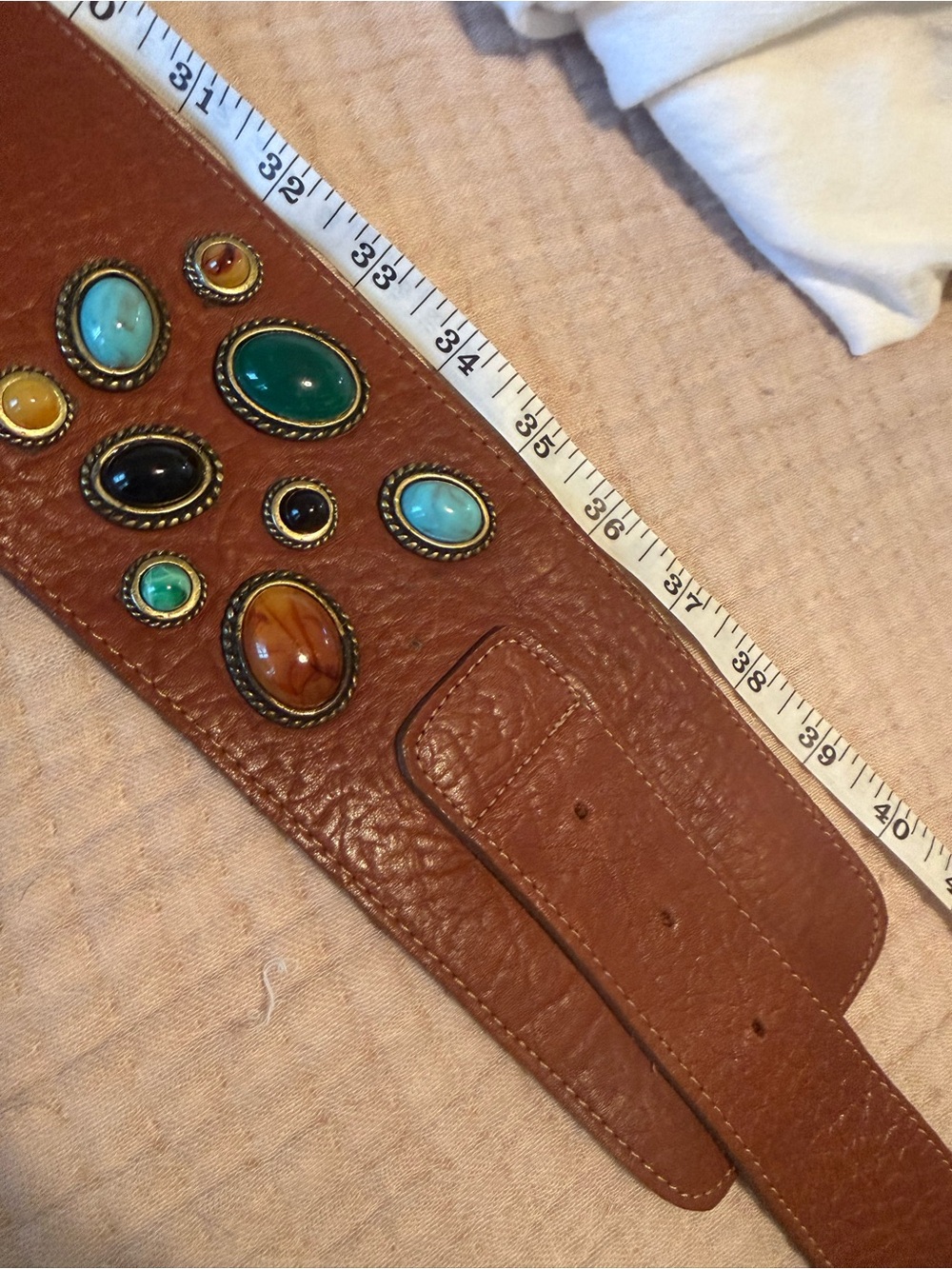 Brown Leather Wide Belt with Multicolor Stone Accents - Picture 10 of 10